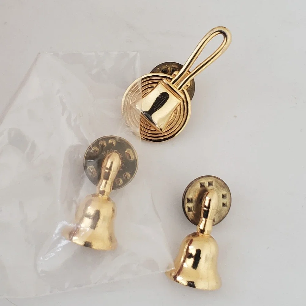 Lot of 3 Gold Tone Bell & Pan Lapel Pins Brooches Collectible Jewelry
